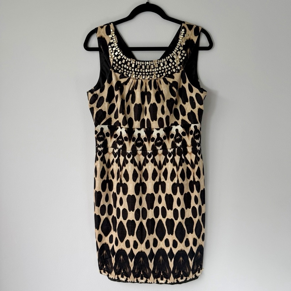 Calvin Klein Leopard Dress Y2K Glam Edgy Cocktail Studded Sheath Size 14